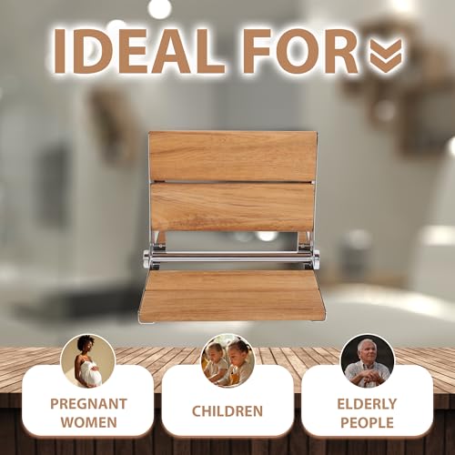 Teak Shower Seat - Contour Wood / Folding Wall Mount Bench for Inside Shower / ADA Safety Assist / 304 Stainless Steel / Polished Chrome / 18" x 16" - color: Polished Chrome, Teak, size: 18" x 16"