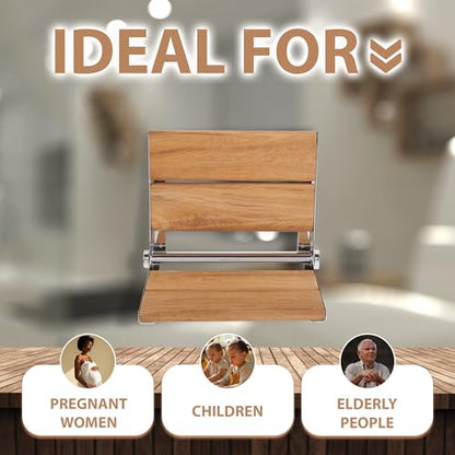 Teak Shower Seat - Contour Wood / Folding Wall Mount Bench for Inside Shower / ADA Safety Assist / 304 Stainless Steel / Polished Chrome / 18" x 16" - color: Polished Chrome, Teak, size: 18" x 16"