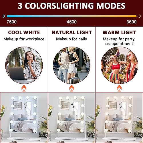 VANITII Lighted Vanity Hollywood Mirror with 12 Dimmable Bulbs Smart Touch Control 3 Colors Light for Tabletop, Detachable 10X Magnification