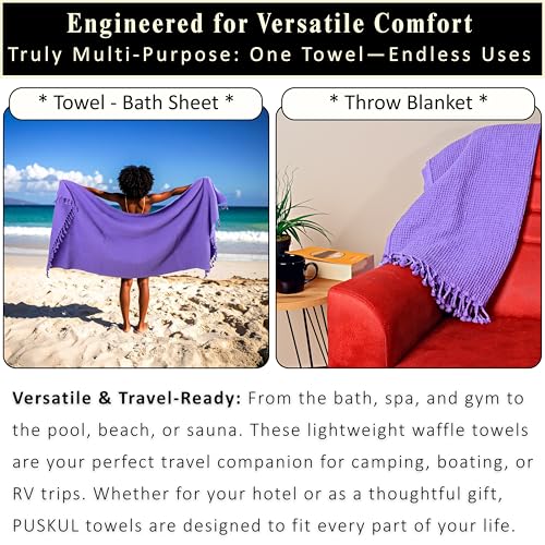 PÜSKÜL 2-Piece Luxury Natural 100% Turkish Cotton Beach Towels Waffle Weave | Purple, Oversize 35x70" Bath Sheet Towel Lightweight Soft Absorbent Quick-Dry Sand-Free Peshtemal Oeko-Tex Made in Turkey - color: Purple