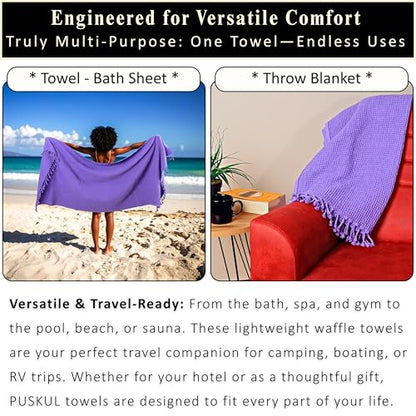 PÜSKÜL 2-Piece Luxury Natural 100% Turkish Cotton Beach Towels Waffle Weave | Purple, Oversize 35x70" Bath Sheet Towel Lightweight Soft Absorbent Quick-Dry Sand-Free Peshtemal Oeko-Tex Made in Turkey - color: Purple