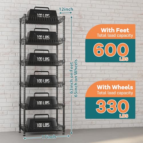 Himimi 6 Tier Rolling Storage Cart, Metal Wire Basket Rack with Wheels, Adjustable Storage Shelves Organizer Shelf for Kitchen Pantry Garage Laundry Room Bathroom, 17" W X 12" D X 63" H, Black - size: 17"W X 12"D X 63"H