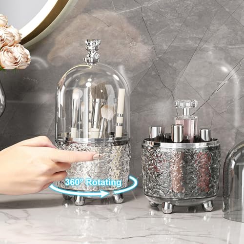 Dezzer Makeup Brush Holder with Lid, 360 Rotating Dustproof Make Up Organizers, 6 Slot Make up Brush Holder for Vanity Bathroom Countertop Office, Gray - size: 4.8x9.8 inch-Gray