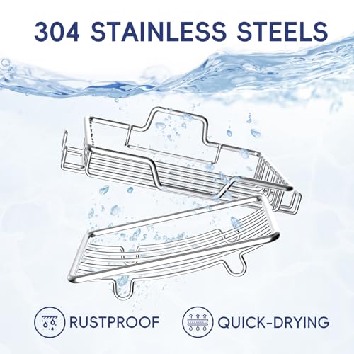 Soap Dish for Shower 2 Pack,Soap Holder with Soap Saver,Stainless Steel Adhesive Soap Dish with 4 Hooks for Bathroom,Kitchen