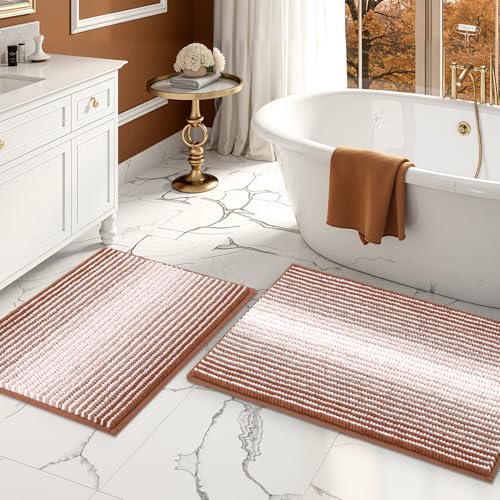 Bathroom Rugs and Mats Sets, 2 Piece Thick Absorbent Chenille Bath Mat Rug Set Non Slip, Soft Bath Room Floor Mats for Bathroom, Machine Washable (20" x 32" Plus 16" x 24",Caramel Brown) - color: Caramel Brown, size: 20" x 32" Plus 16" x 24"