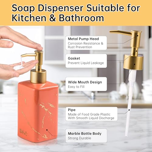 Marble Soap Dispenser for Bathroom Countertop, Square Pink Dish Soap Dispenser Pump Bottle with Golden Stripes for Kitchen Sink Laundry Shower Lotion, Ceramic Hand Dispenser Pump for Soap Liquid - color: Pink