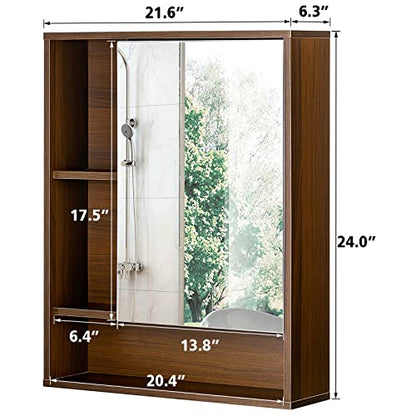 ChooChoo Bathroom Wall Mirror Cabinet, Medicine Cabinet with Storage Shelf | Over The Toilet Storage Cabinet, Adjustable Shelf, 6.3 x 21.6 x 24 Inches, Walnut - color: Walnut