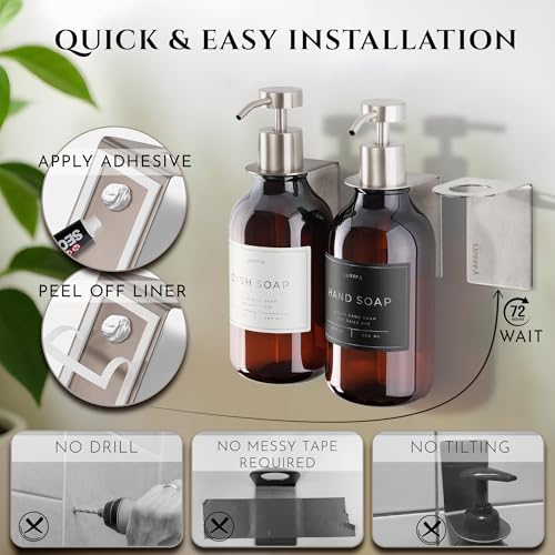 Shower Shampoo Dispenser Wall Mounted – 3 Refillable 16.9 oz Amber Bottles with Stainless Steel Pumps & No-Drill Adhesive Holders – Soap Dispenser Set for Bathroom (3 X Amber/Silver) - color: 3 X Amber/Silver