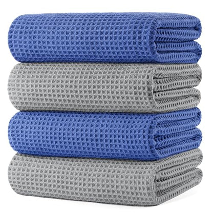 POLYTE 430 GSM Poly Blend Microfiber Quick Dry Waffle Bath Towel, 30x60 in | 4 Pack, Oversize, Lint Free, Body Towel - color: Light Gray,royal Blue