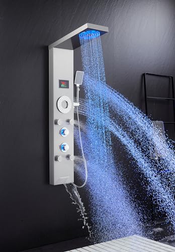 LED Shower Panel Tower System, Stainless Steel Rainfall & Mist Shower Tower, 5 Body Jets, Handheld Shower, Tub Spout and Hydroelectricity Temperature Display, Brushed Nickel - color: Brushed Nickel - 5 Body Jets