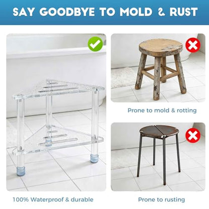 14.3''H Acrylic Corner Shower Stool for Shaving Legs | Clear Waterproof Foot Rest with Storage Shelf, Triangle Bench for Inside Small Spaces & Bath Supplies