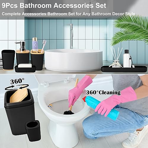 XLHOMO Bathroom Set Black Bathroom Trash Can, 9 Piece Bathroom Decor Toothbrush Holder, Cup, Lotion Dispenser, Tray, Soap Dish, Toilet Brush, Qtip Holder - size: Bath Set, style: Black