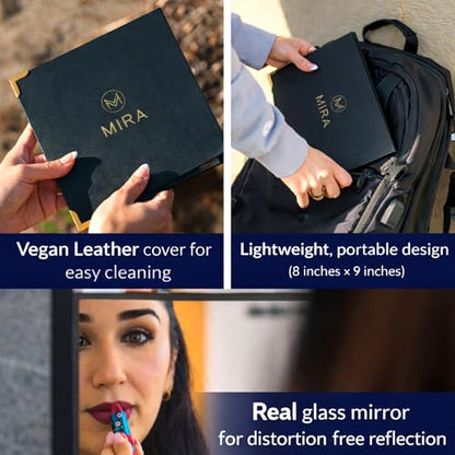 Real Glass Foldable Full-Length Travel Mirror, Portable, Folds 9x8in | Opens to 32in, Crystal-clear, No warping, Vegan-leather, Hook + strap, Hotels, Dorms, RVs, Camping, Small spaces, Gift box