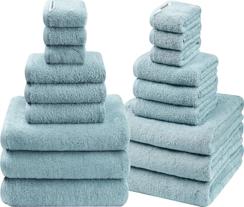 SEMAXE 18-Piece Cotton Bath Towel Set with Hanging Loops for Bathroom, Blue | Stock-up towel set for family bathrooms, guest baths, multi-bath homes, and wash-day rotation, OEKO-TEX certified, easy care - color: A04: Blue