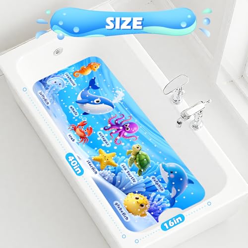 Baby Bath Mat for Tub Non Slip, 40 x 16 Inch with Drain Holes Suction Cups | Ocean animal PVC mat with 200 Suction Cups and 2 hooks, machine washable for clean, smooth, non-textured tubs shower inserts