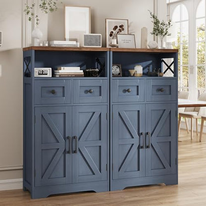 FiveWillowise Farmhouse Blue Storage Cabinet with Barn Doors and Drawers, Small Freestanding Kitchen Pantry Cabinet, Hutch Cupboard for Kitchen, Laundry, Living Room,Bathroom - color: Navy Blue