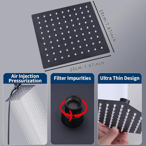 Rainfall Shower Head with Handheld Combo High Pressure, Dual Shower Head 8 Inch Square with Long Hose, Rain Showerhead with Handheld Sprayer(black)