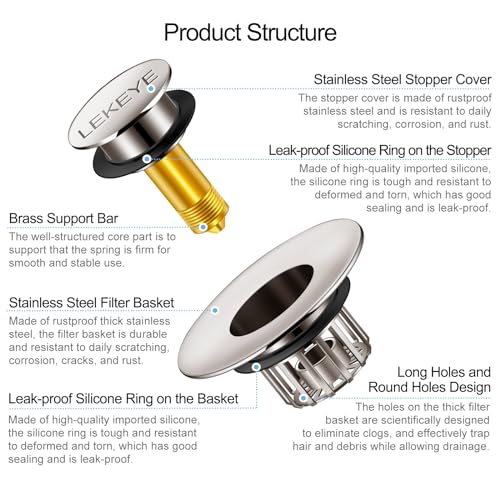 LEKEYE Tub Stopper | Shower Drain Hair Catcher | Pop-up Drain Stopper with Strainer | Bathroom Bathtub Plug | Drain Protector for 1-1/2 to 1-3/4" Bath Drain Hole - Brushed Nickel - color: Brushed Nickel