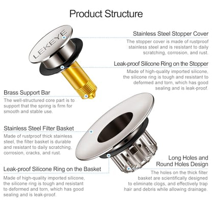 LEKEYE Tub Stopper | Shower Drain Hair Catcher | Pop-up Drain Stopper with Strainer | Bathroom Bathtub Plug | Drain Protector for 1-1/2 to 1-3/4" Bath Drain Hole - Brushed Nickel - color: Brushed Nickel