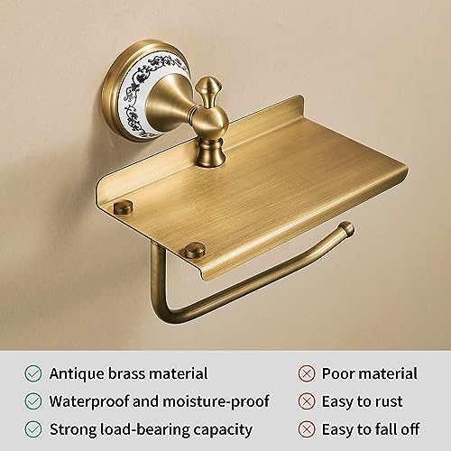 Toilet Paper Holder with Phone Shelf, Bathroom Toilet Paper Roll Holder Antique Bronze Brass Wall Mounted Bathroom Hardware Accessories,Porcelain Design - color: Toilet Paper Holder With Shelf