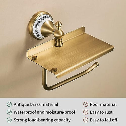 Toilet Paper Holder with Phone Shelf, Bathroom Toilet Paper Roll Holder Antique Bronze Brass Wall Mounted Bathroom Hardware Accessories,Porcelain Design - color: Toilet Paper Holder With Shelf