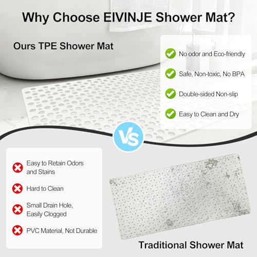 Bathtub Mat and Shower Mat Non Slip: 30 x 17 inch Soft TPE Bath Tub Mat with Suction Cups and Drain Holes, Anti Slip Shower Mats for Inside Shower, Machine Washable, Easy to Dry&Cut - color: White, size: 30" x 17" (Rectangular)
