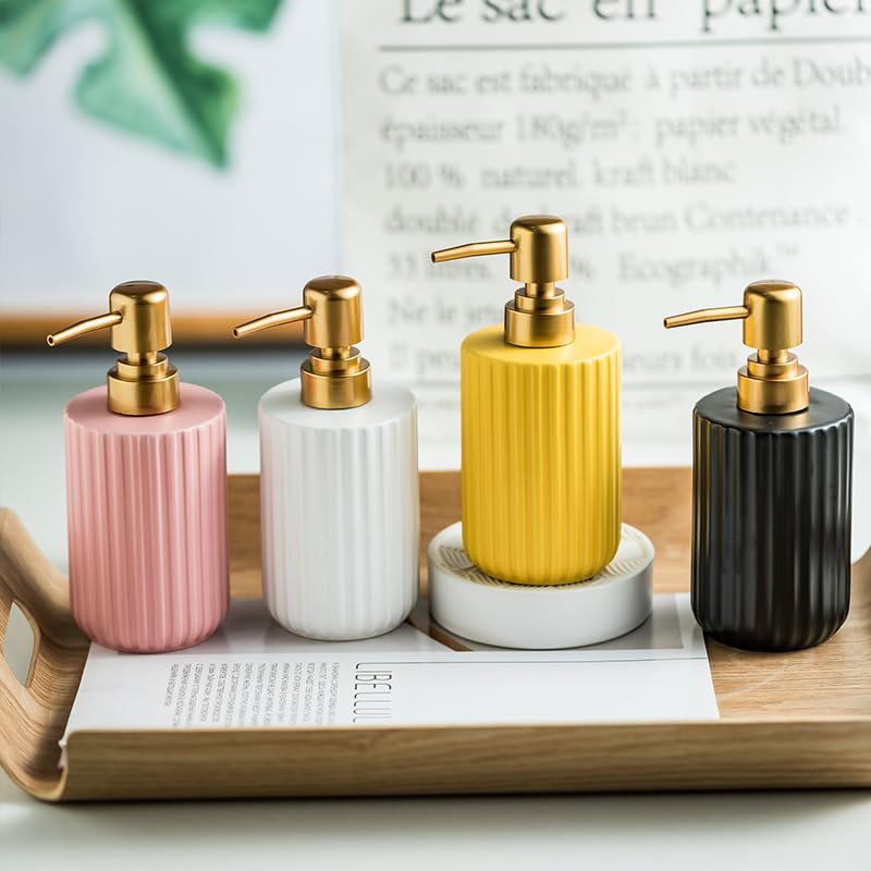 Chic Soap Dispenser, Vertical Stripe Design with Gold Pump(Black) | Cylinder-Shaped Ceramic Lotion Dispenser - color: Black
