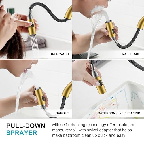 Brushed Gold Pull Down Widespread Bathroom Faucet 2 Handle 3 Hole | Pull Out Bathroom Faucet with Pop Up Drain & Supply Lines, Lead-Free cUPC & NSF Certified, 8 Inch Faucet for Vanity RV Sink - color: Brushed Gold