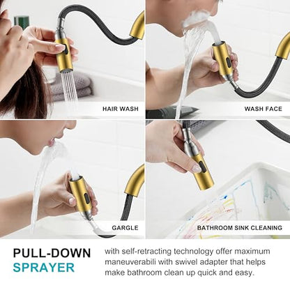 Brushed Gold Centerset 2 Handle Bathroom Faucet with Pull Out Sprayer | Pull Down Bathroom Faucet with Pop Up Drain & Supply Lines, Lead-Free cUPC & NSF Certified, 3 Hole Faucet for Vanity RV Bar - color: Brushed Gold