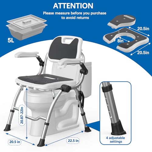 3 in 1 Folding Bedside Commode Chair,No-Assembly Foldable Shower Chair for Inside Shower with Arms and Back,Portable Toilet for Adults Elderly,Adjustable Height Raised Toilet Seat with Handles