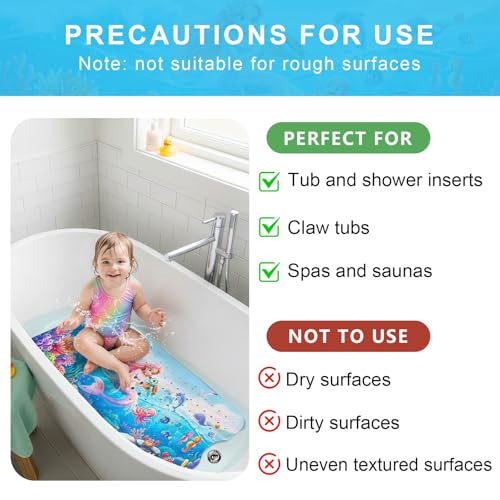 Upgrade Cartoon Baby Bath Mat Non Slip - 40"x16" Extra Long Bathtub Mat for Baby Eco Friendly Durable Bath Mat for Tub Non Slip Kids Tub Mat with Suction Cups, Machine Washable and No Fading, Mermaid - color: F-mermaid-3