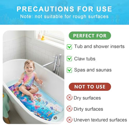 Upgrade Cartoon Baby Bath Mat Non Slip - 40"x16" Extra Long Bathtub Mat for Baby Eco Friendly Durable Bath Mat for Tub Non Slip Kids Tub Mat with Suction Cups, Machine Washable and No Fading, Mermaid - color: F-mermaid-3