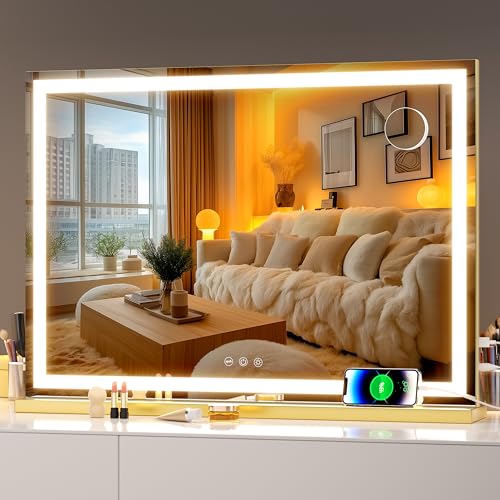 Hasipu Vanity Mirror with Lights, 28" x 20" LED Makeup Mirror, Lighted Makeup Mirror with Dimmable 3 Modes, Touch Screen Control Vanity Mirror Square Gold - color: Gold, size: 28"L x 20"W