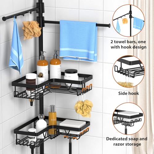 KEGII Black Shower Caddy Tension Pole with 2 Towel Bars, Adjustable Corner Bathroom Organizer, Rustproof Bathtub Storage Shelves for Shampoo, 25–114.2 Inch Shower Corner Rack for Renters & Family