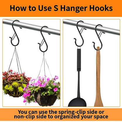 12 PCS S Hooks for Hanging with Safety Buckle, Heavy Duty Metal S Hooks | 3.5 inch S Shaped Hanger Hooks for Hanging Kitchen Utensil, Cups Pots Pan Closet Plants Purse Bags Hats (Black) - color: Black