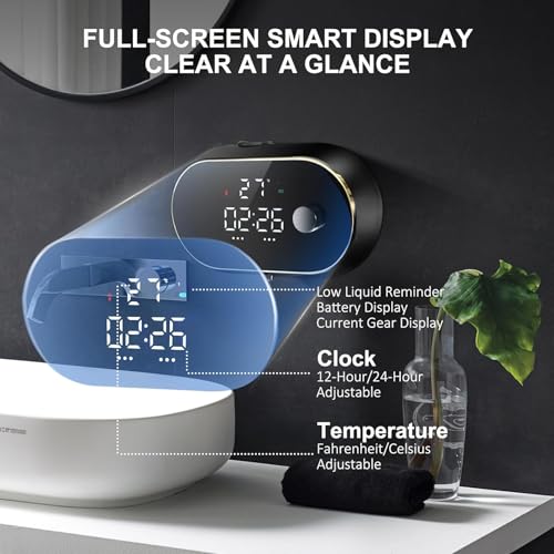 Automatic Soap Dispenser Liquid Bathroom, Wall Mount Rechargeable Touchless, Adjustable Auto Smart Electric Plastic Soap Dispenser with Clock, for Bathroom Kitchen,B,Black