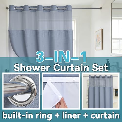 Conbo Mio Extra Long No Hook Waffle Weave Shower Curtain with Snap in Liner Set, Hotel Luxury Grey Shower Curtains for Bathroom with See Through Top Window, Waterproof, Washable 71W x 84H - color: Waffle-grey, size: 71"W x 84"L (Pack of 1)