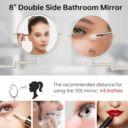 8" Wall Mount Makeup Mirror with 1X 10X Magnification, Brushed Nickel | Double-sided Wall Mounted Magnifying Mirror with Swivel Extendable Arm for Bathroom - color: Brush Nickel-no Lights