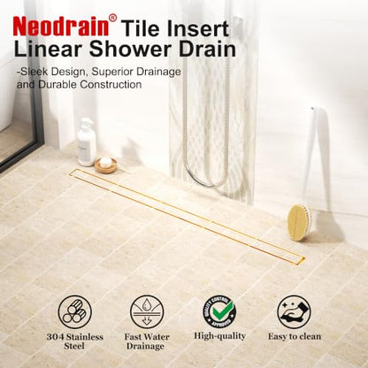 Neodrain 48-Inch Linear Shower Drain-Gold,with Tile Insert Grate | 304 Stainless Steel, Fast Drainage, Rectangle Shower Floor Drain with Leveling Feet & Hair Strainer, Fits Bathroom, Balcony - color: Gold, size: 48 IN
