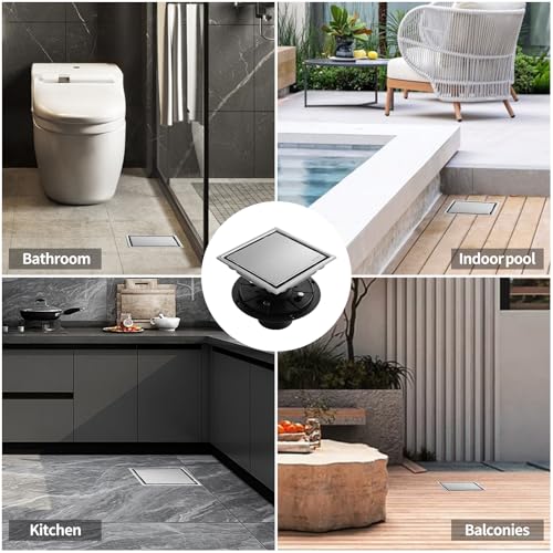 Hidden Brushed Square Shower Floor Drain, Silver 6 inch, 304 Stainless Steel, with Flange, Detachable Cover Embedded with Ceramic Tiles - color: Hidden Silver, size: 6 inch