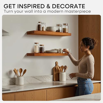 Oak Floating Shelves 42 inch Long, High End Solid Real Wood 42inch Floating Shelf for Wall Mounted, Honey Oak Wooden 42in Floating Shelves, Heavy Duty Bracket, 42 X 6.5 X 1.75 in, Set of 2 - color: Honey Oak - Warm Amber Tone, size: 42 inch