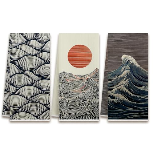 Japanese Sun Waves Kitchen Dish Towels, Ocean Lover Gifts, Boho Asian Oriental Coastal Nautical Decorative Hand Tea Towels for Bathroom Kitchen, 16x24 Inches Set of 3 - color: Color-a09