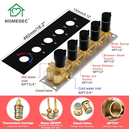 HOMEDEC 16inch Round Shower System with 6" Wall Mounted Shower Head, 4 Way Shower Diverter Valve with 2-Function Handheld Shower and Body Jets, Black - color: Black, style: 4-Way + 1x 6" Top