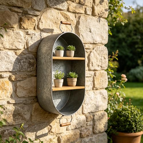 Oakrain Farmhouse Towel Rack, Wood Wall Shelf Galvanized Wash Tub | Rustic Towel Holder, Decorative Hanging Shelf for Bathroom, Lavatory, Entryway - size: R-Oval