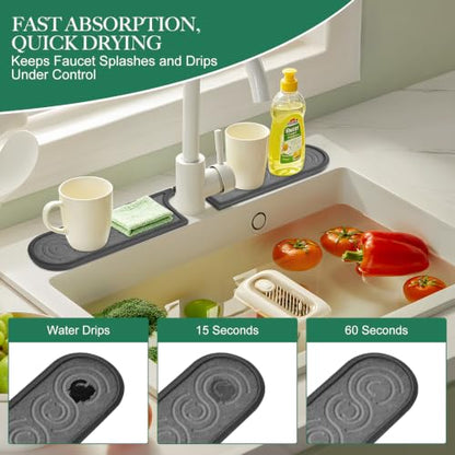 Faucet Mat for Kitchen Sink with Airflow Silicone Sleeve, Instant-Dry Diatomaceous Stone Sink Protector Tray Around Faucet for Kitchen, Bathroom, RV (Black Wave, 23.2" x 3.9" x 0.47") - color: Grey Wave - Dark Grey Silicone Edge
