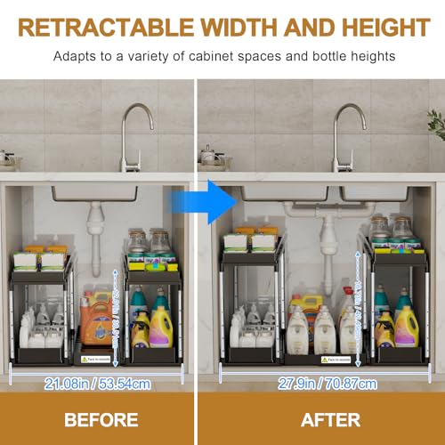 NIUXX Expandable Under Sink Organizer: 2 Tier Height Adjustable | Under Cabinet Organizer - Double Pull Out Shelf Under Sink Storage for Kitchen - Bathroom and Laundry Room - Space Saving - size: 27.9"L x 15.51"W-Height adjustable