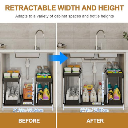 NIUXX Expandable Under Sink Organizer: 2 Tier Height Adjustable | Under Cabinet Organizer - Double Pull Out Shelf Under Sink Storage for Kitchen - Bathroom and Laundry Room - Space Saving - size: 27.9"L x 15.51"W-Height adjustable
