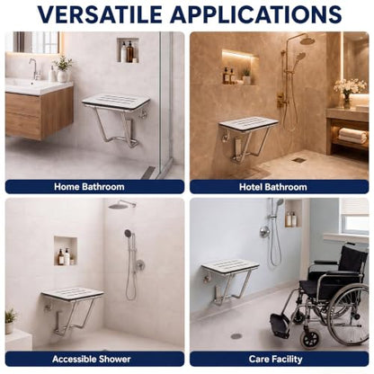 Leinuosen 18" x 15" Folding Shower Seat Bench ADA Compliant Wall Mount Phenolic White Foldable Shower Chair with Stainless Steel Support 400 Lbs Capacity for Inside Bathroom Bathtub Small Space