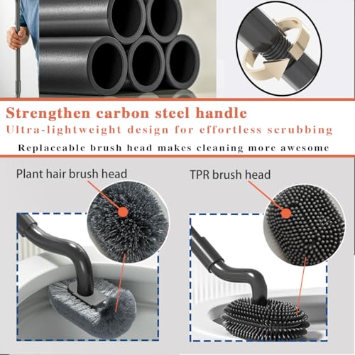 Wall Mounted 31-45 Inch Retractable Long Handle Toilet Brush with 2 Brush Heads (Silicone & Stiff Bristle) - Toilet Bowl Scrubber for Seniors, Pregnant Women, Back Pain Sufferers, Janitors