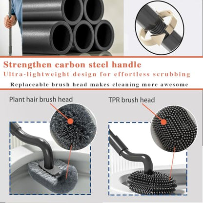 Wall Mounted 31-45 Inch Retractable Long Handle Toilet Brush with 2 Brush Heads (Silicone & Stiff Bristle) - Toilet Bowl Scrubber for Seniors, Pregnant Women, Back Pain Sufferers, Janitors
